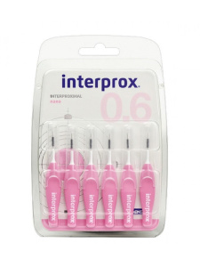 Межзубные ёршики INTERPROX, 6 шт. Nano (0.6mm) (розовый), мягкая ручка, две точки изгиба на 360°