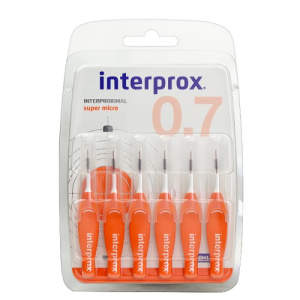 Межзубные ёршики INTERPROX, 6 шт Supermicro (0.7mm) (рыжий), мягкая ручка, две точки изгиба на 360°