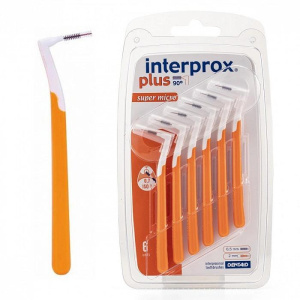 Межзубные ёршики INTERPROX PLUS, 6 шт. Supermicro (0.7 - 0.9 mm) (рыжий), жесткая ручка, угол 90°