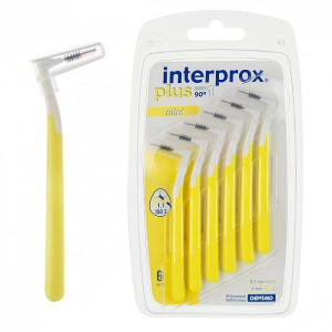 Межзубные ёршики INTERPROX PLUS, 6 шт. Mini (1.1 - 1.4 mm) (желтый), жесткая ручка, угол 90°